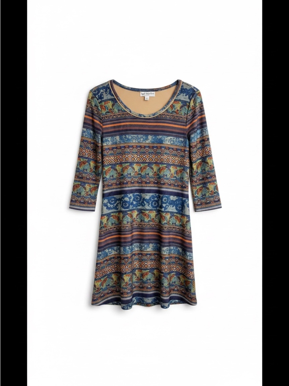 Papillon Blanc Navy Multi-Pattern Scoop Neck Dress Looks & Feels Like Velvet